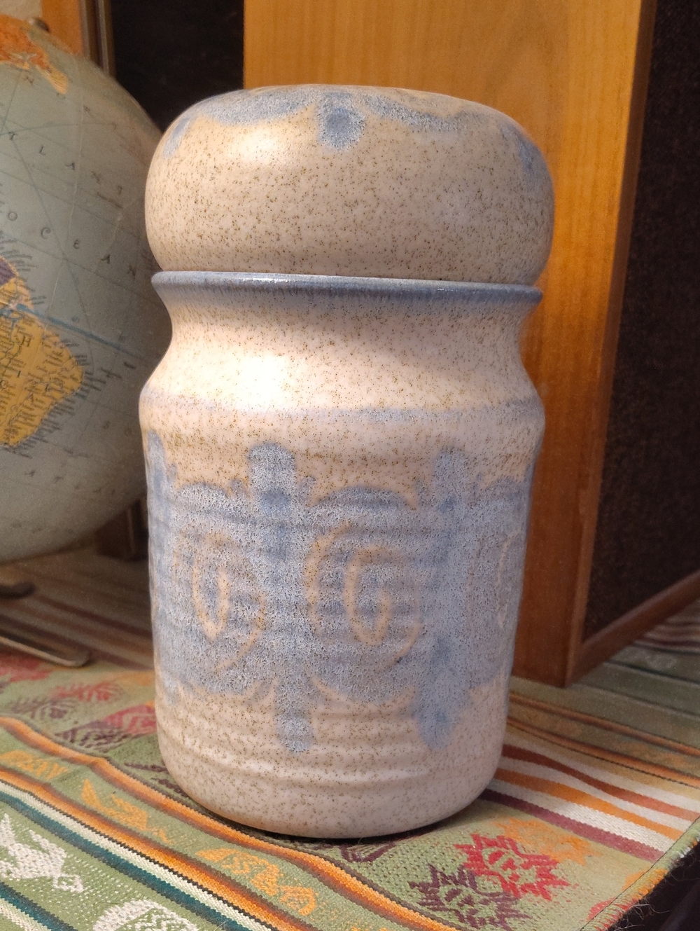 Handcrafted Ceramic Rare Decorative Jar/Canister in Cream and Light Blue